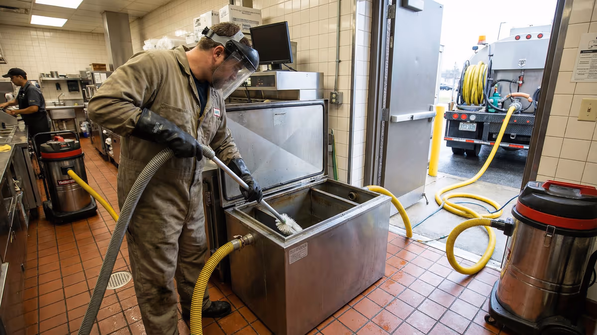 Caixa de gordura industrial de restaurante sendo limpa por profissional