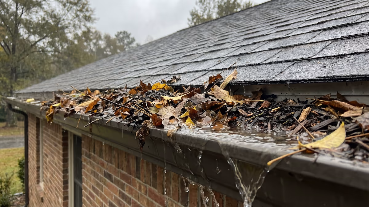 Calha de telhado entupida com folhas e detritos acumulados