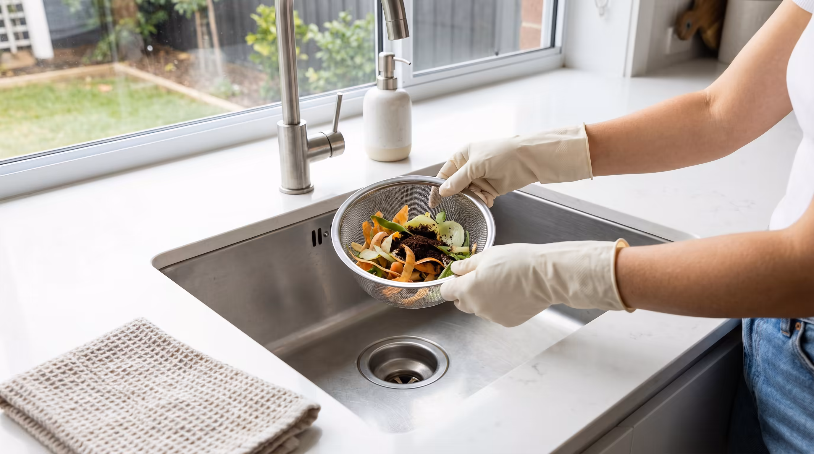 Pessoa limpando o ralo da pia, uma das dicas de como evitar entupimento