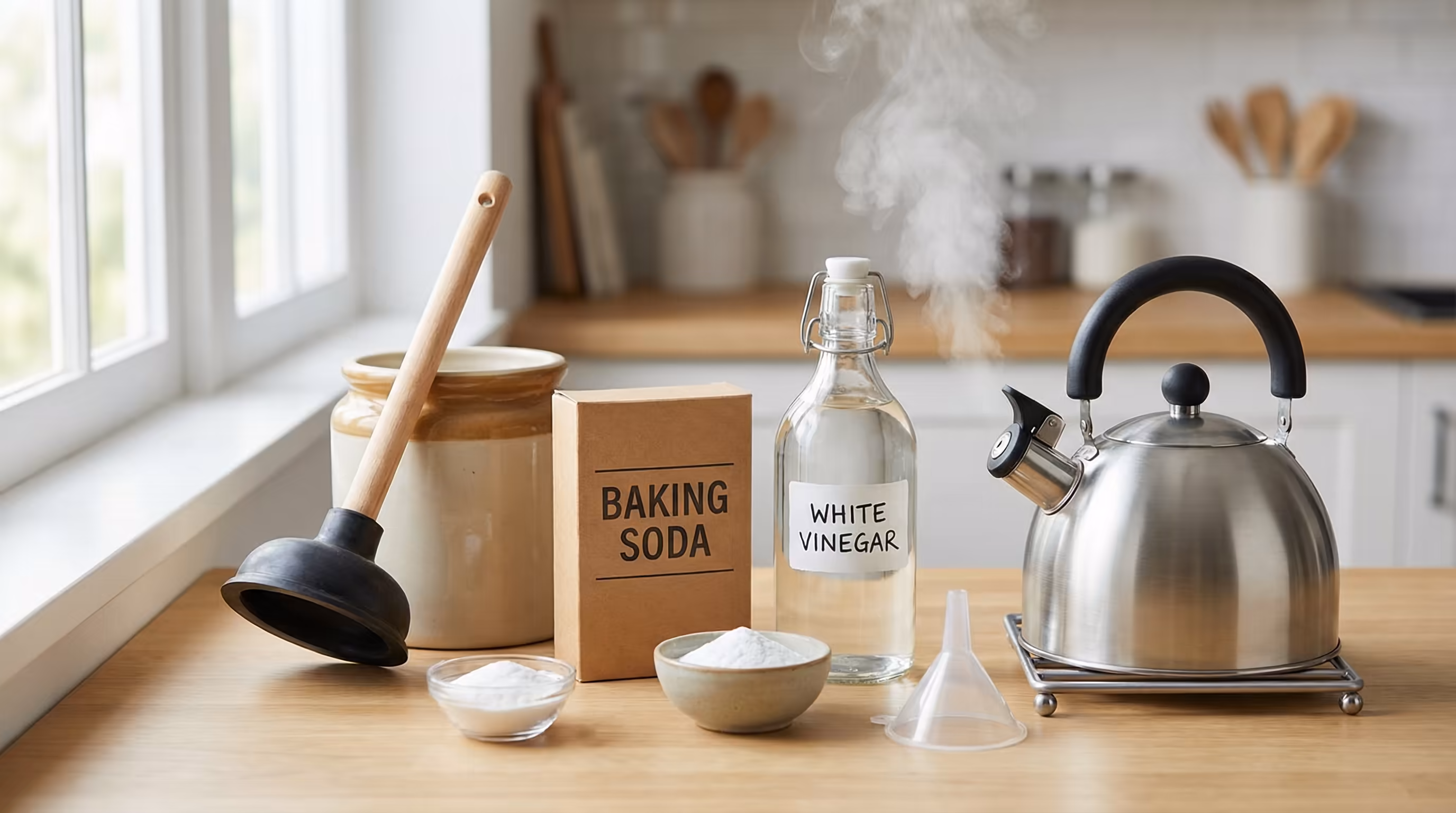 Vários ingredientes para desentupidor caseiro, como bicarbonato, vinagre e garrafa pet