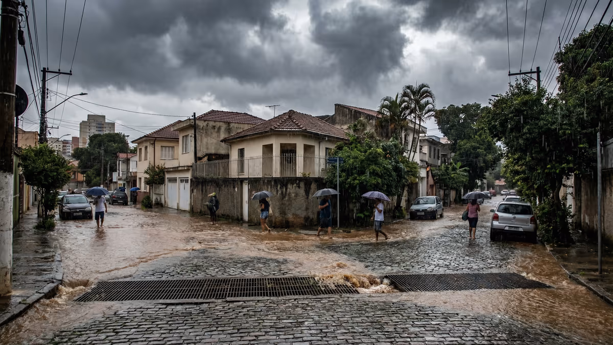 Rua residencial alagada durante chuva forte com bueiros transbordando