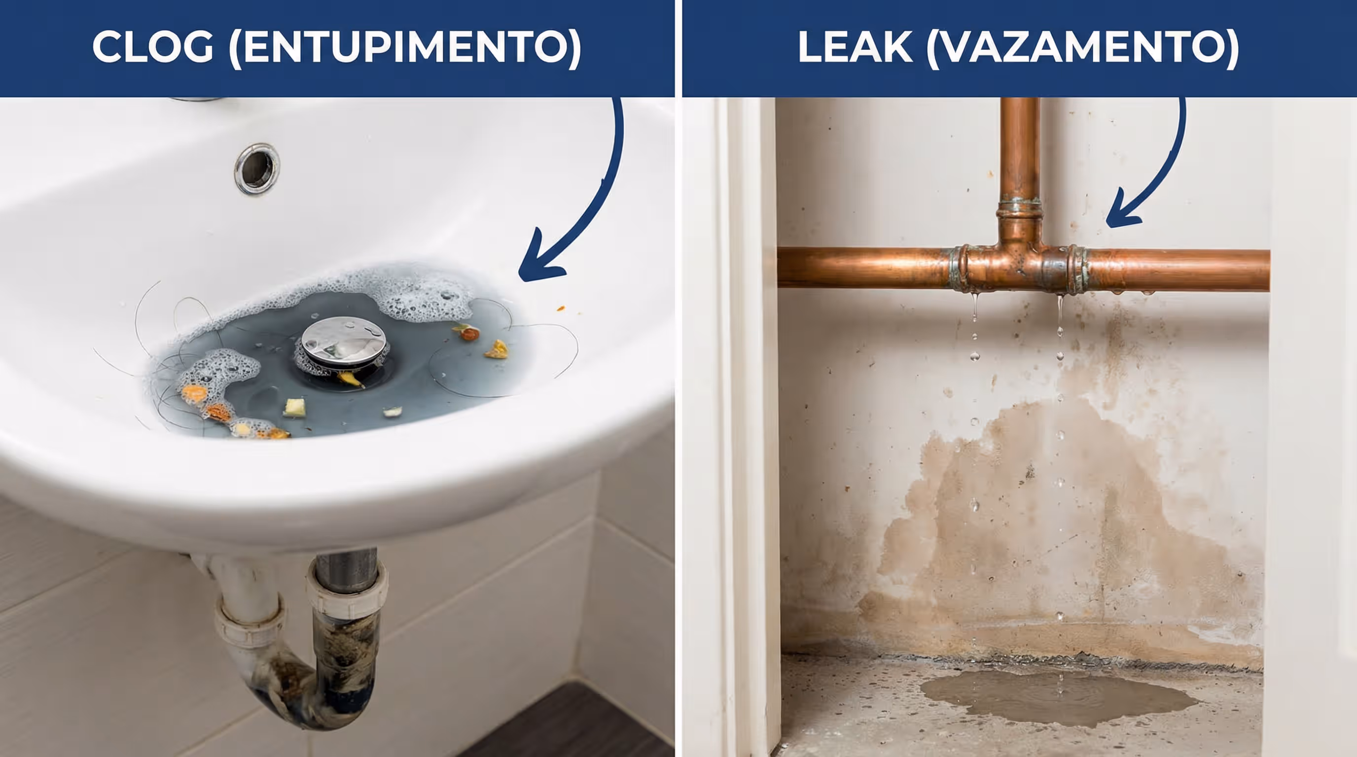 Comparação entre um cano entupido e um cano com vazamento