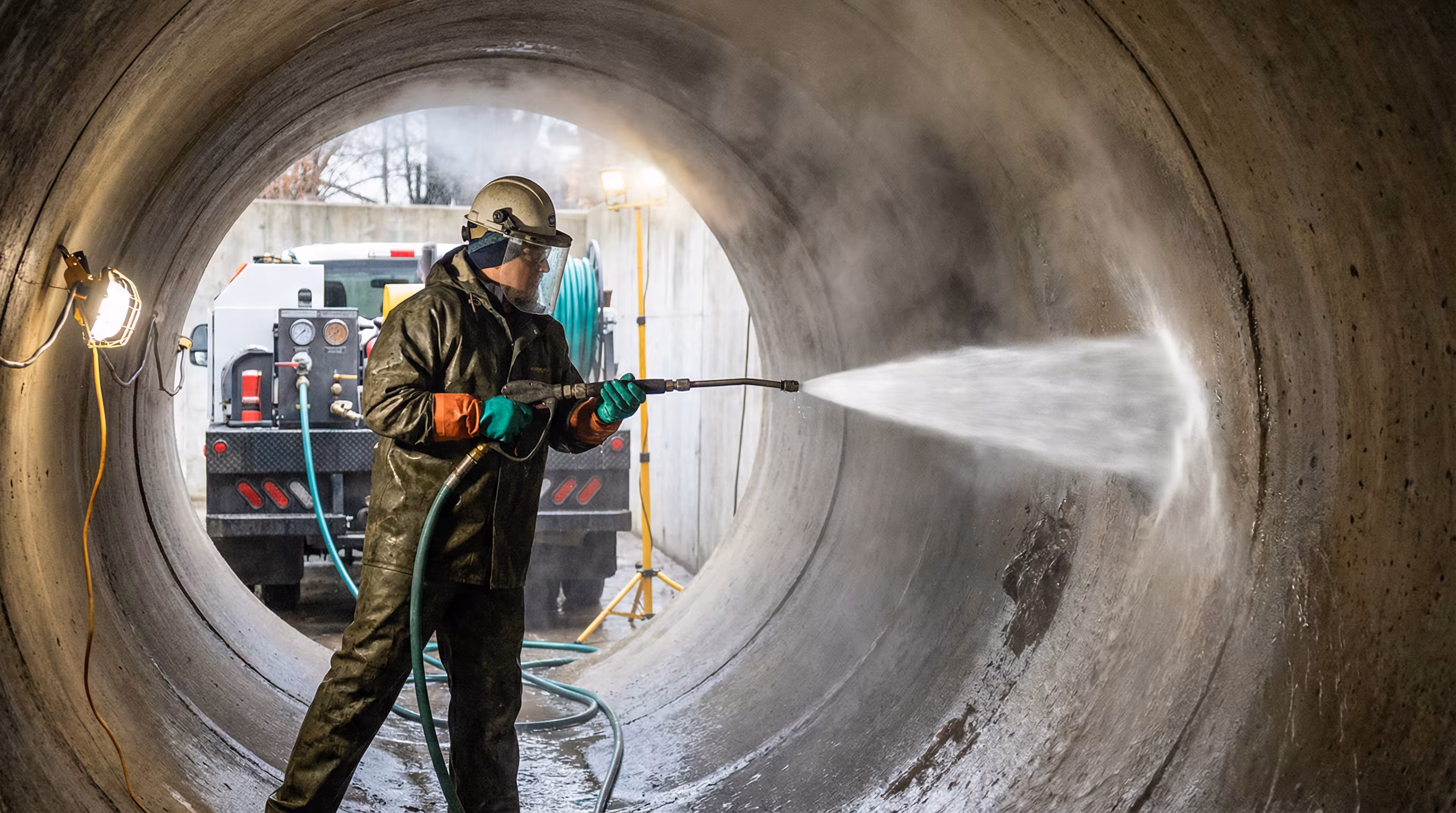 Equipamento de hidrojateamento em ação, limpando uma tubulação de esgoto