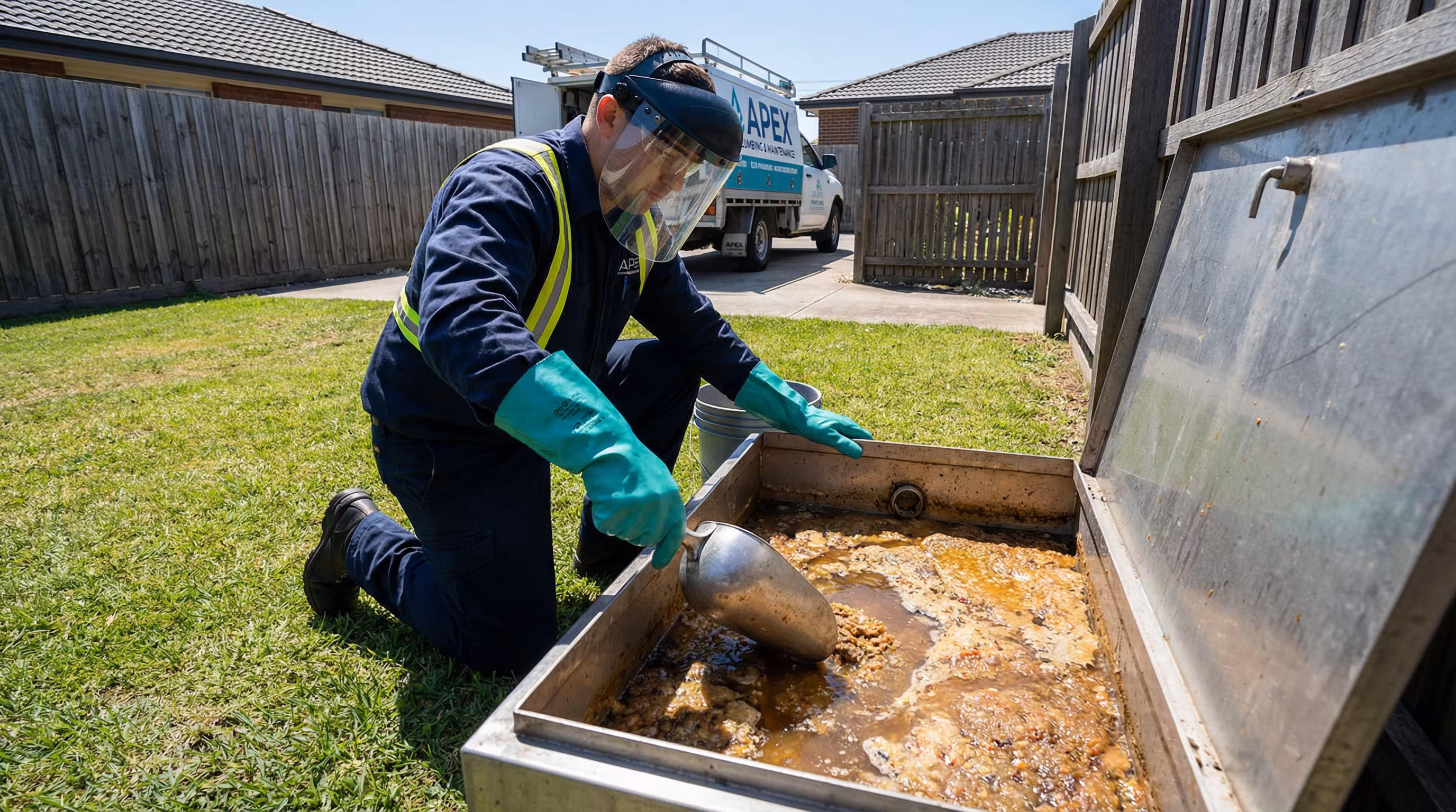 Profissional realizando a limpeza de uma caixa de gordura residencial