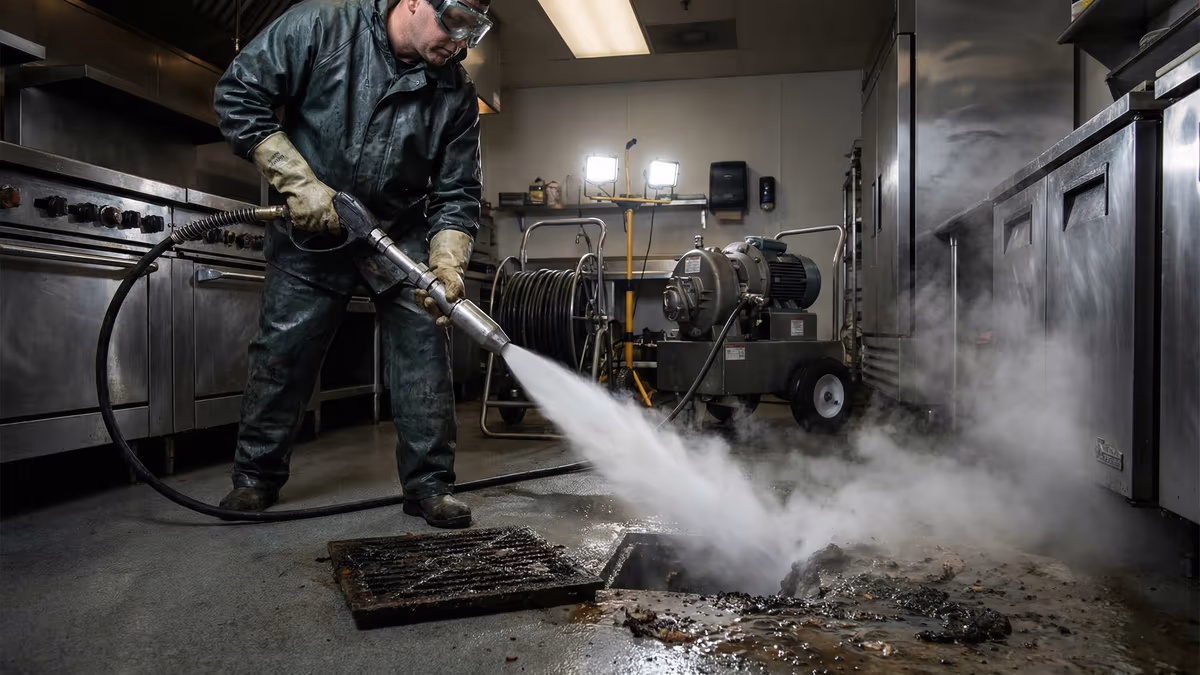 Processo de hidrojateamento removendo gordura de tubulação