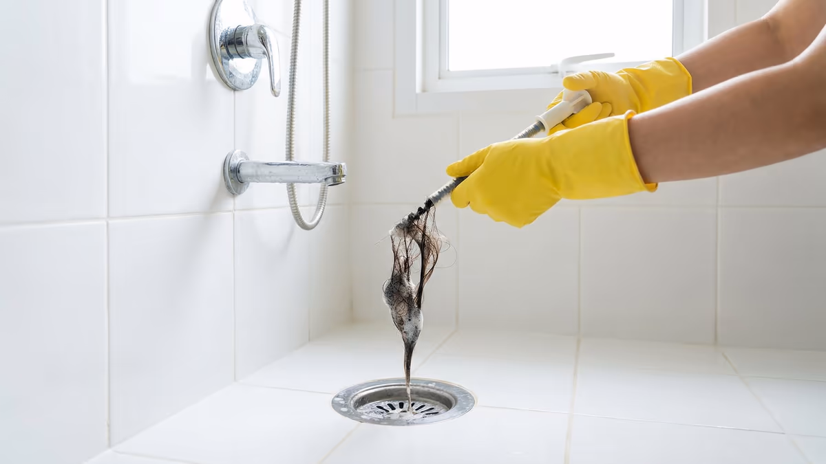 Pessoa limpando o ralo do box do banheiro com ferramentas adequadas