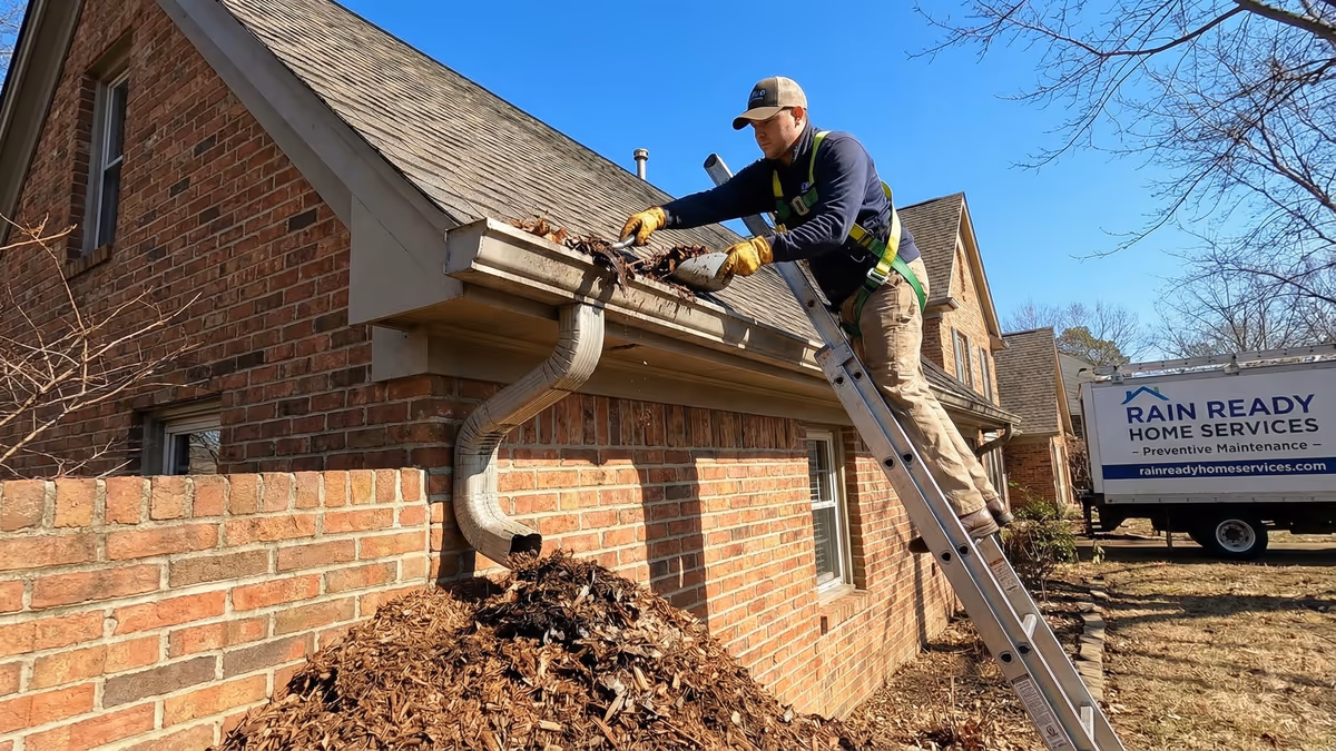 Sistema de drenagem residencial sendo limpo antes da temporada de chuvas