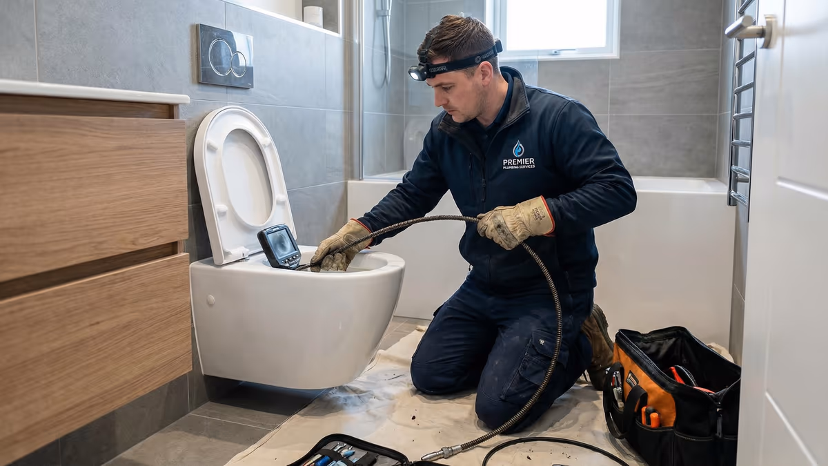 Técnico usando equipamento especial para remover objeto do vaso sanitário