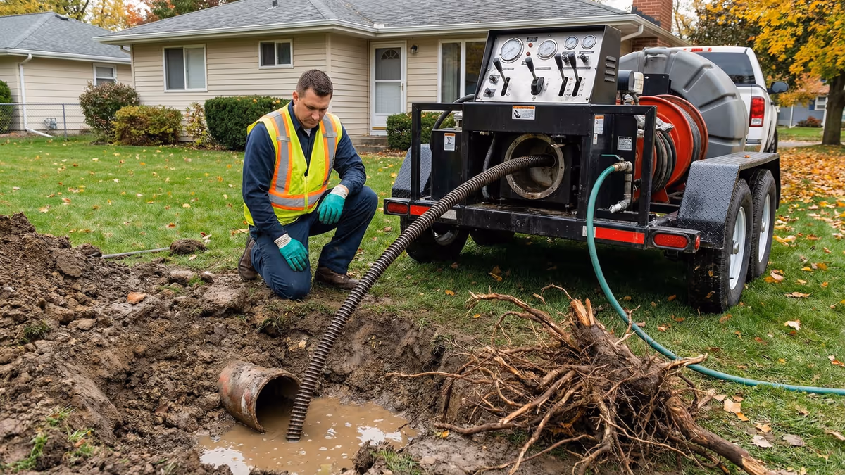 Equipamento profissional removendo raízes de dentro da tubulação