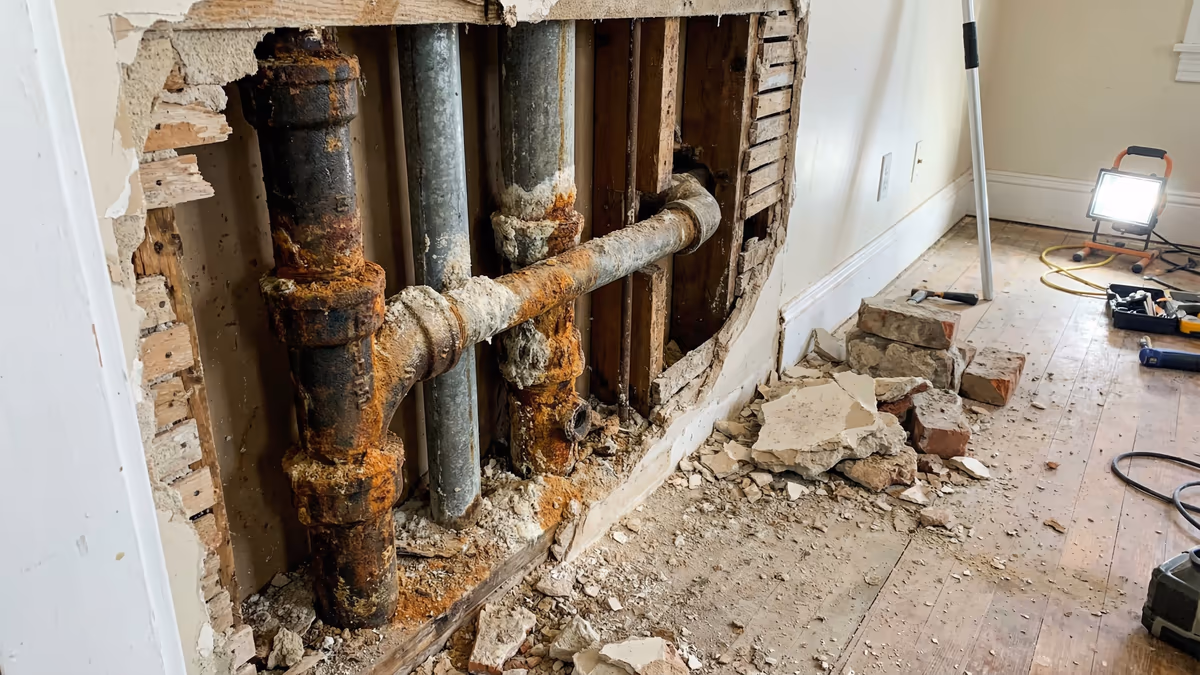 Tubulação antiga de ferro enferrujada com sinais de desgaste